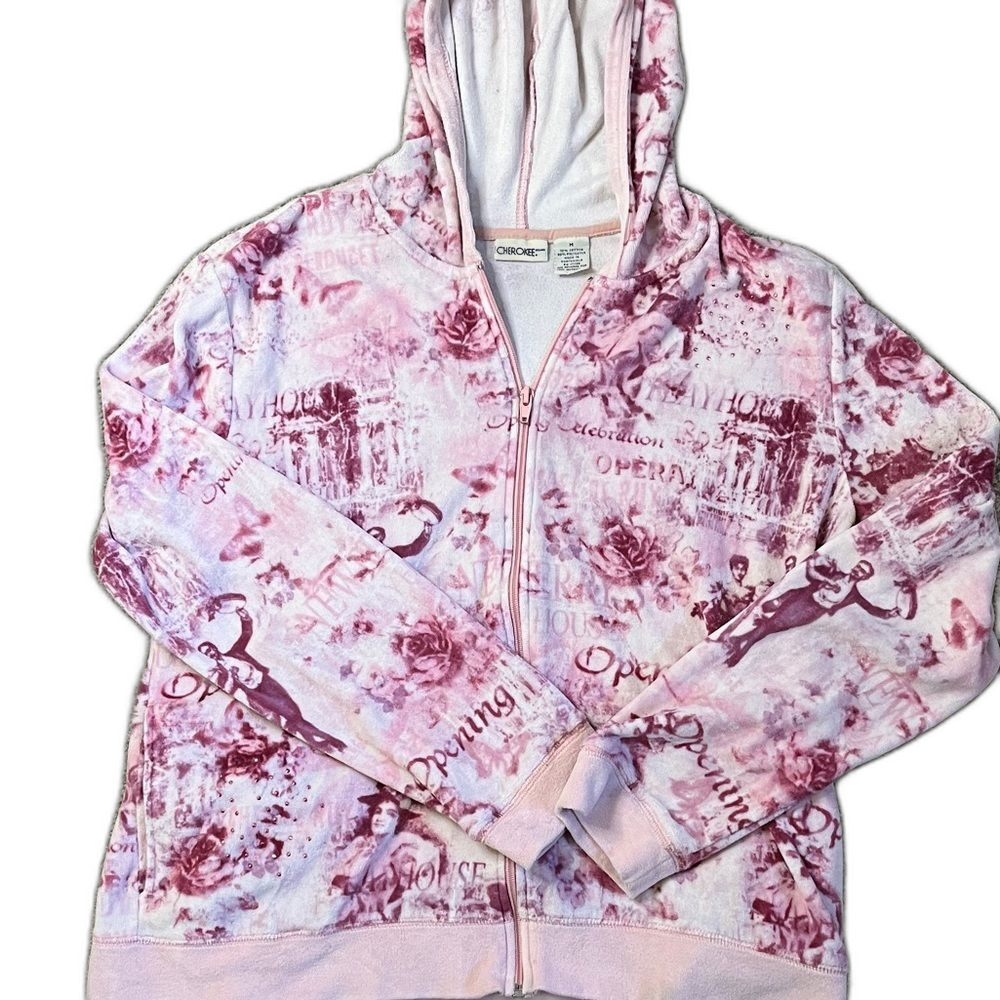 Vintage Y2K Cherokee Pink Velour Full Zip Hoodie Angels Rhinestones Size Medium